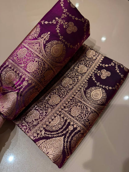 Wine Banarasi Silk Blend Satin Saree with Copper Golden Zari Floral Jaal Weaving