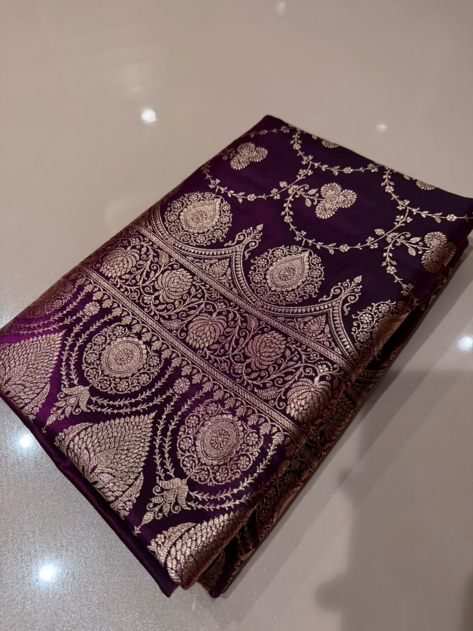 Wine Banarasi Silk Blend Satin Saree with Copper Golden Zari Floral Jaal Weaving