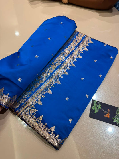 Royal Blue Premium Silk Saree with Silver Zari Floral Border Weaving