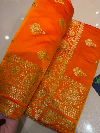 Sunset Orange Premium Banarasi Silk Saree with Golden Zari Weaving