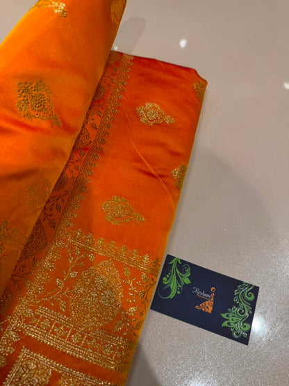 Sunset Orange Premium Banarasi Silk Saree with Golden Zari Weaving