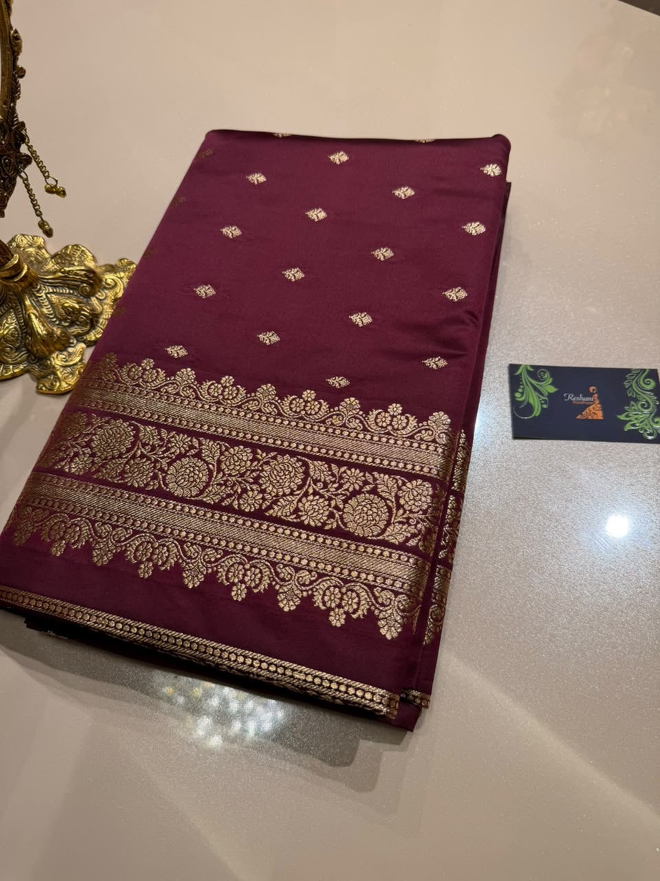 Burgundy Premium Banarasi Silk Saree with Rich Copper Gold Zari Weaving