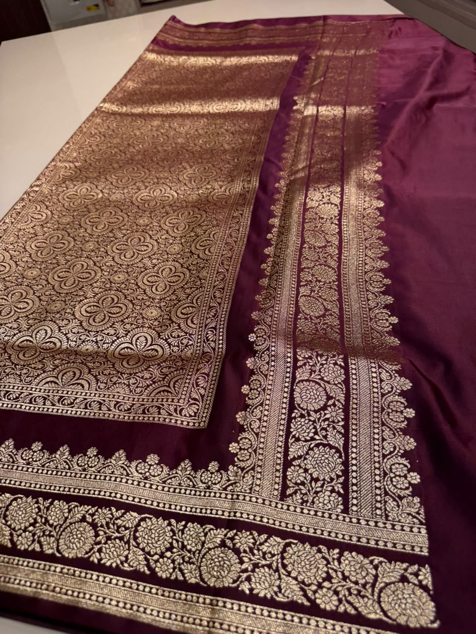 Burgundy Premium Banarasi Silk Saree with Rich Copper Gold Zari Weaving
