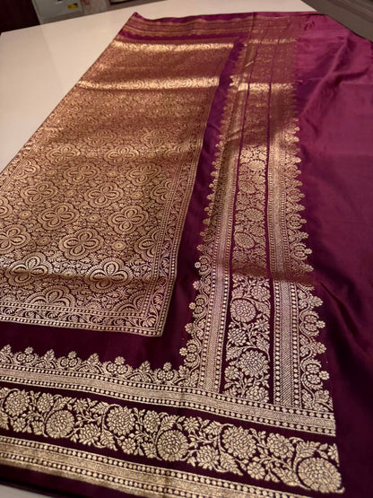 Burgundy Premium Banarasi Silk Saree with Rich Copper Gold Zari Weaving