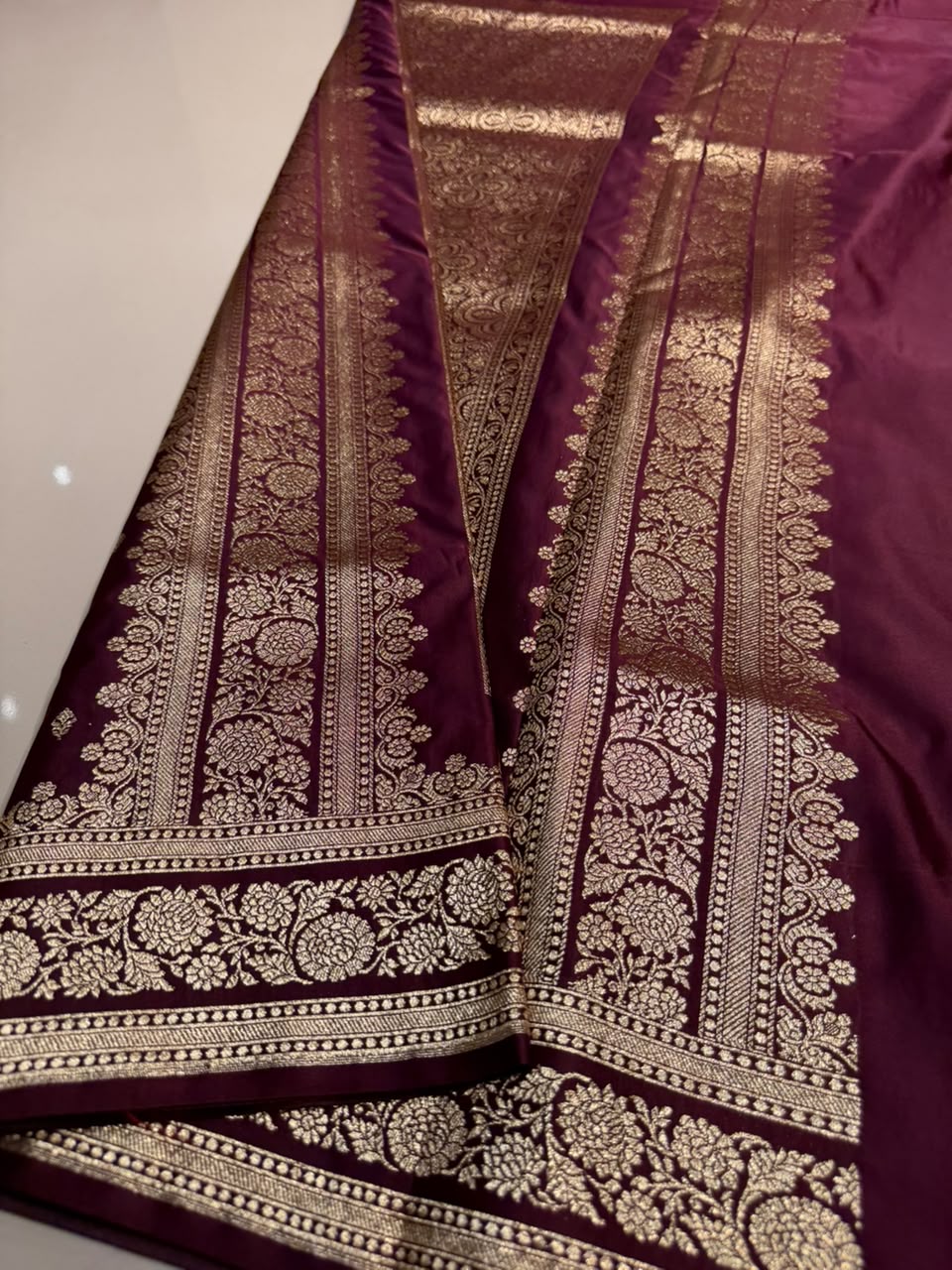 Burgundy Premium Banarasi Silk Saree with Rich Copper Gold Zari Weaving