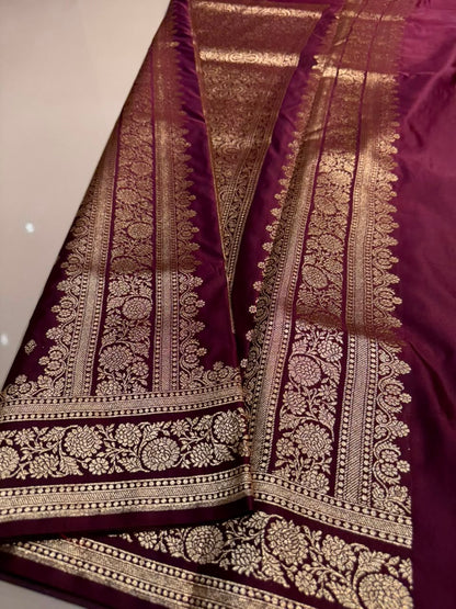 Burgundy Premium Banarasi Silk Saree with Rich Copper Gold Zari Weaving