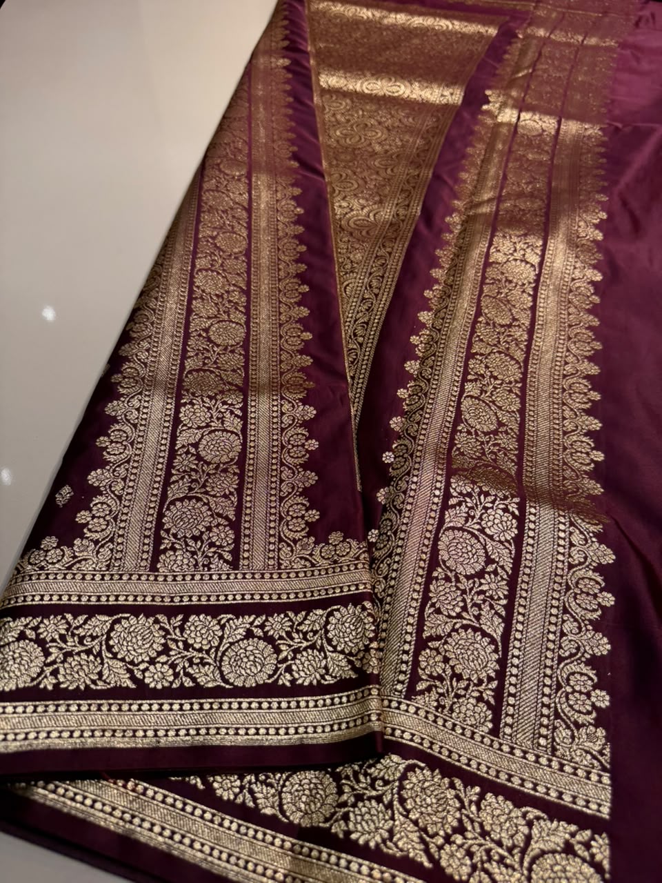 Burgundy Premium Banarasi Silk Saree with Rich Copper Gold Zari Weaving