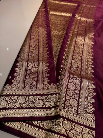 Burgundy Premium Banarasi Silk Saree with Rich Copper Gold Zari Weaving