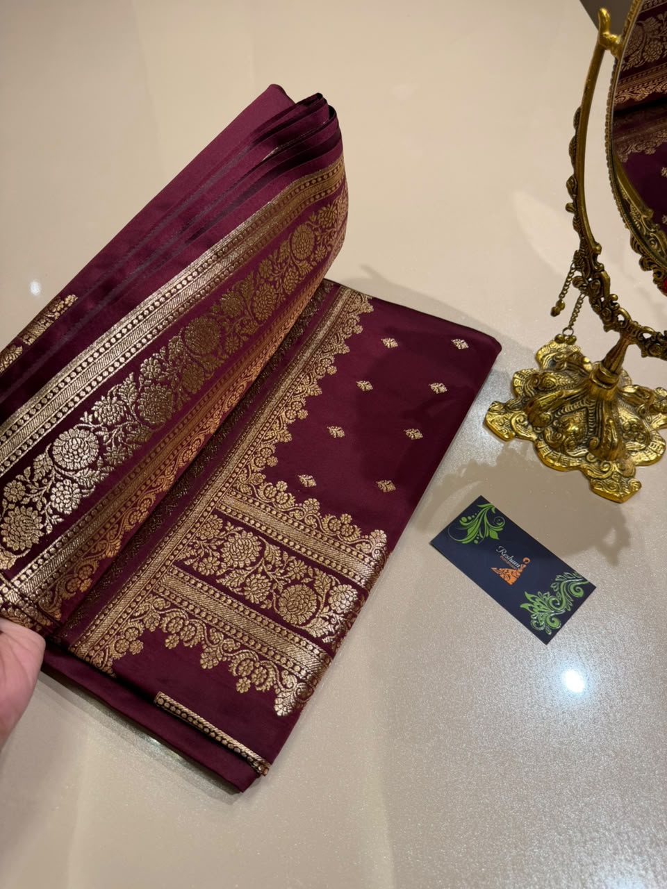 Burgundy Premium Banarasi Silk Saree with Rich Copper Gold Zari Weaving
