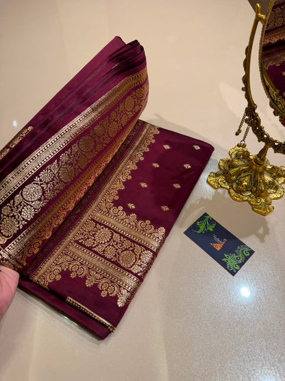 Burgundy Premium Banarasi Silk Saree with Rich Copper Gold Zari Weaving