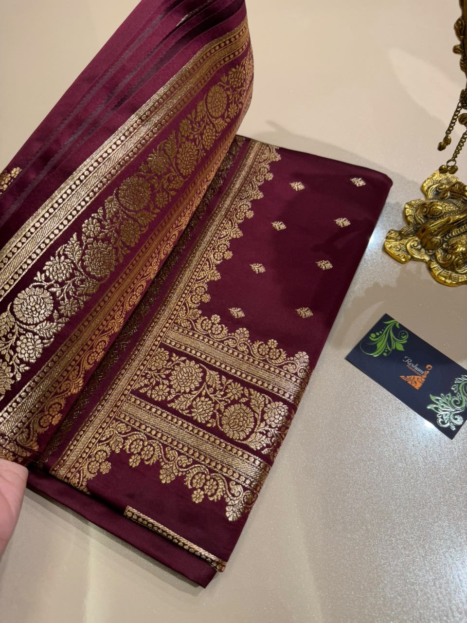 Burgundy Premium Banarasi Silk Saree with Rich Copper Gold Zari Weaving