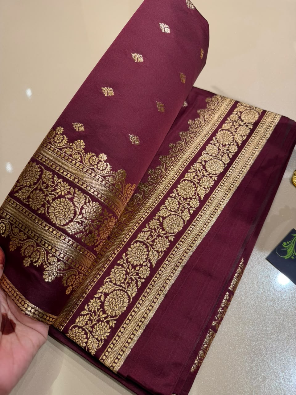 Burgundy Premium Banarasi Silk Saree with Rich Copper Gold Zari Weaving