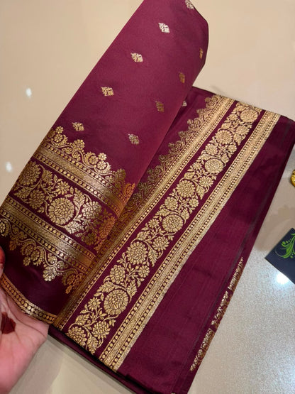 Burgundy Premium Banarasi Silk Saree with Rich Copper Gold Zari Weaving