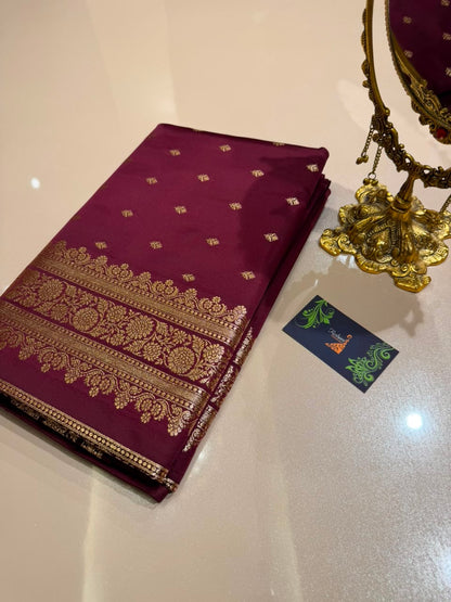 Burgundy Premium Banarasi Silk Saree with Rich Copper Gold Zari Weaving