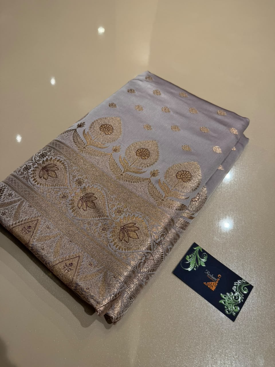 Pearl Grey Premium Banarasi Silk Saree with Copper Gold Zari Weaving