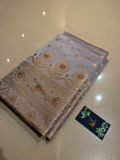 Pearl Grey Premium Banarasi Silk Saree with Copper Gold Zari Weaving