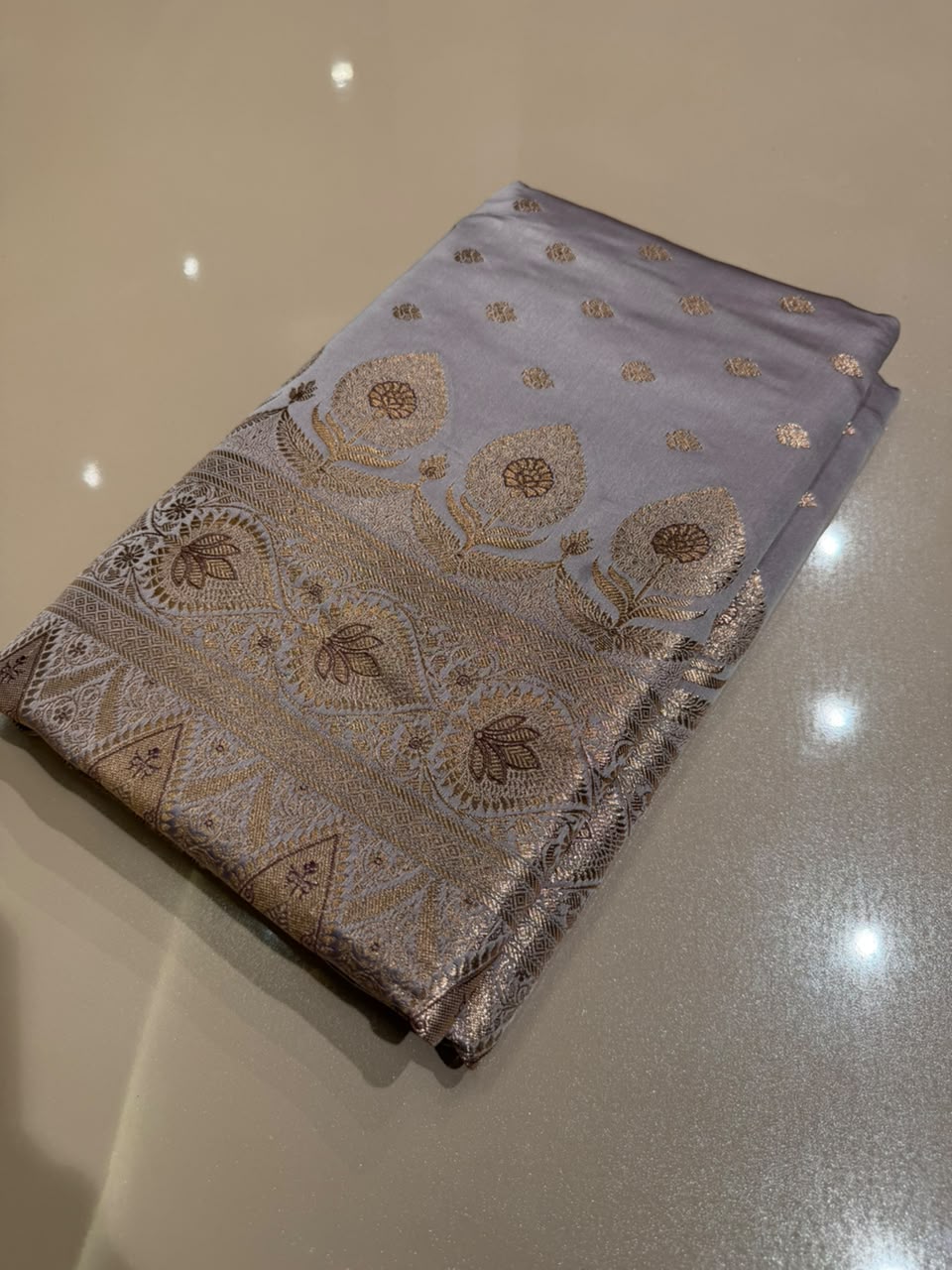 Pearl Grey Premium Banarasi Silk Saree with Copper Gold Zari Weaving