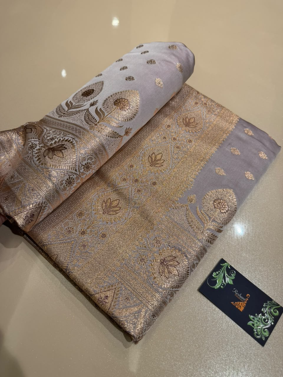 Pearl Grey Premium Banarasi Silk Saree with Copper Gold Zari Weaving