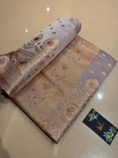 Pearl Grey Premium Banarasi Silk Saree with Copper Gold Zari Weaving