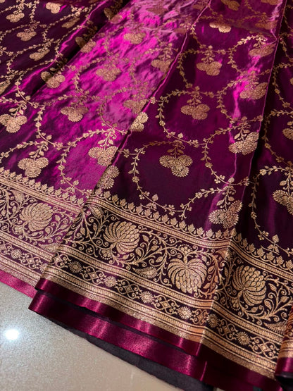 Royal Wine Premium Banarasi Silk Saree with Golden Zari Flower Jaal Weaving