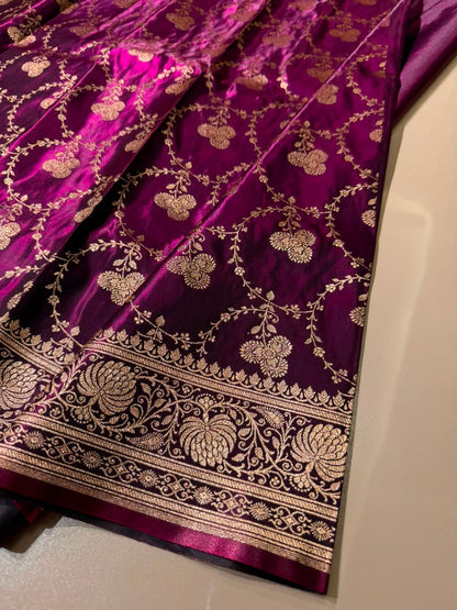 Royal Wine Premium Banarasi Silk Saree with Golden Zari Flower Jaal Weaving