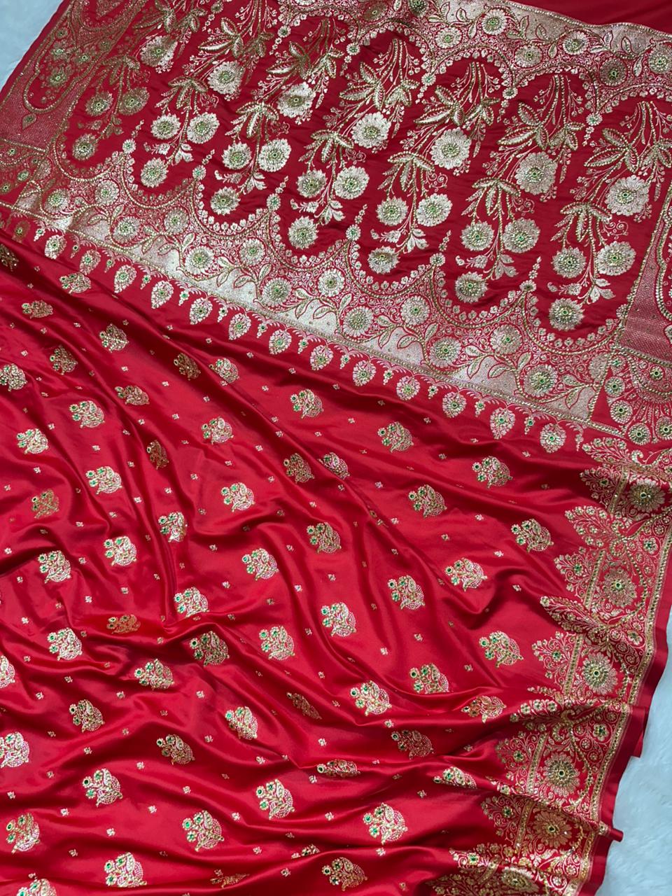 Crimson Red Banarasi Saree with Heavy Zari &amp; Stone Work