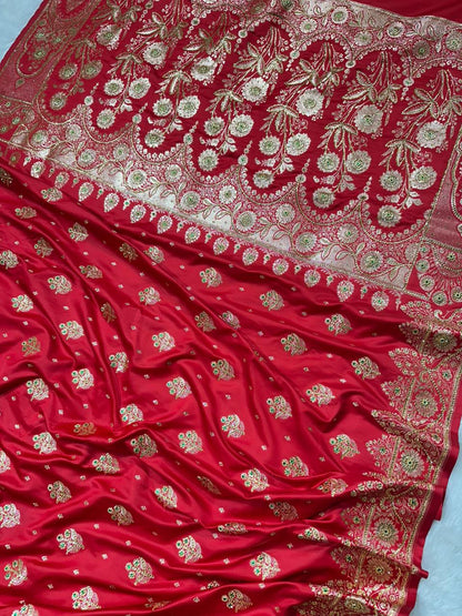 Crimson Red Banarasi Saree with Heavy Zari &amp; Stone Work