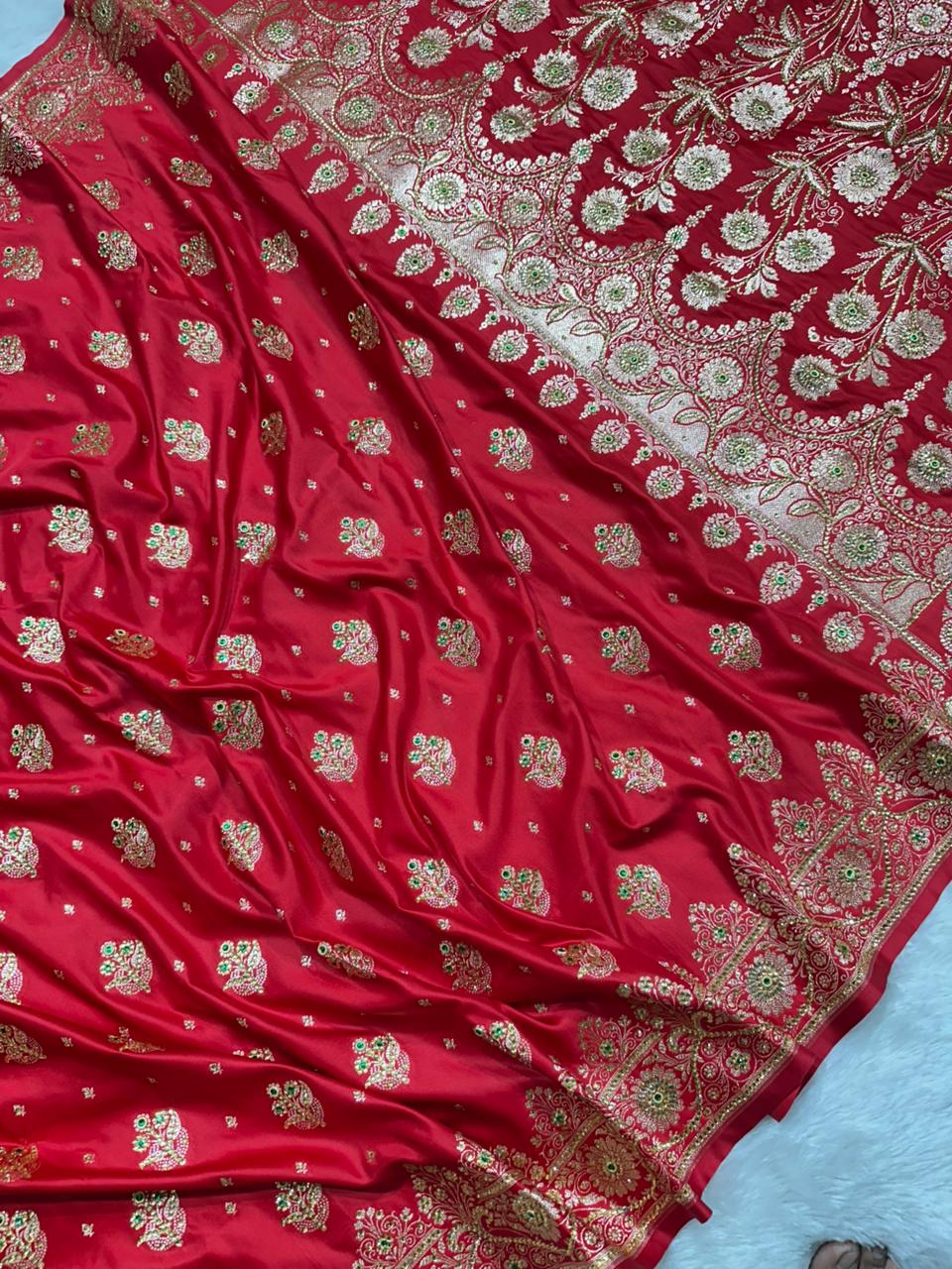 Crimson Red Banarasi Saree with Heavy Zari &amp; Stone Work