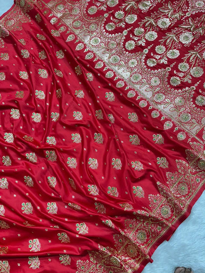 Crimson Red Banarasi Saree with Heavy Zari &amp; Stone Work