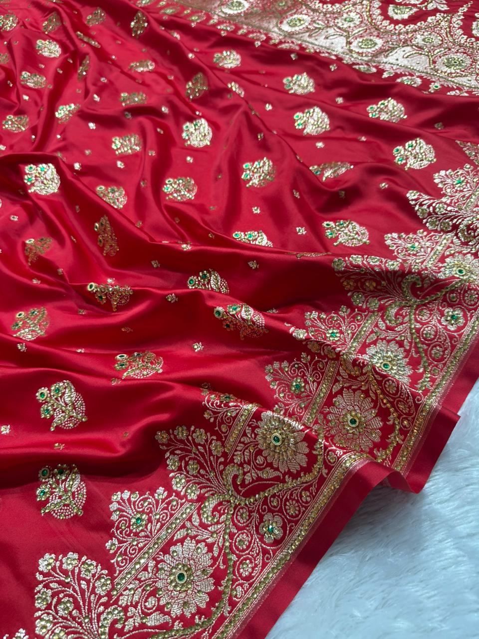 Crimson Red Banarasi Saree with Heavy Zari &amp; Stone Work