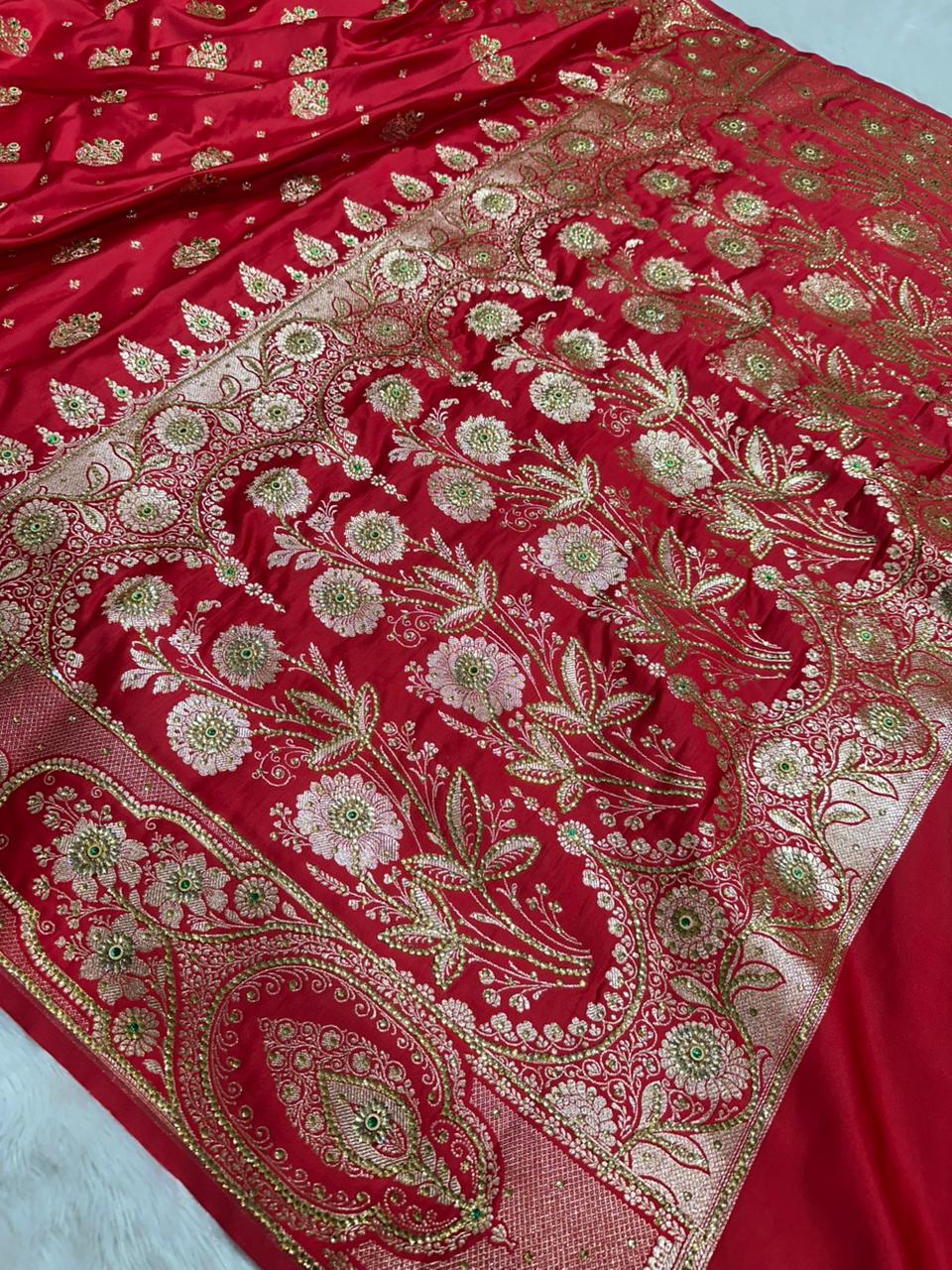 Crimson Red Banarasi Saree with Heavy Zari &amp; Stone Work