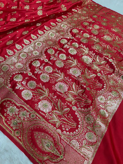 Crimson Red Banarasi Saree with Heavy Zari &amp; Stone Work