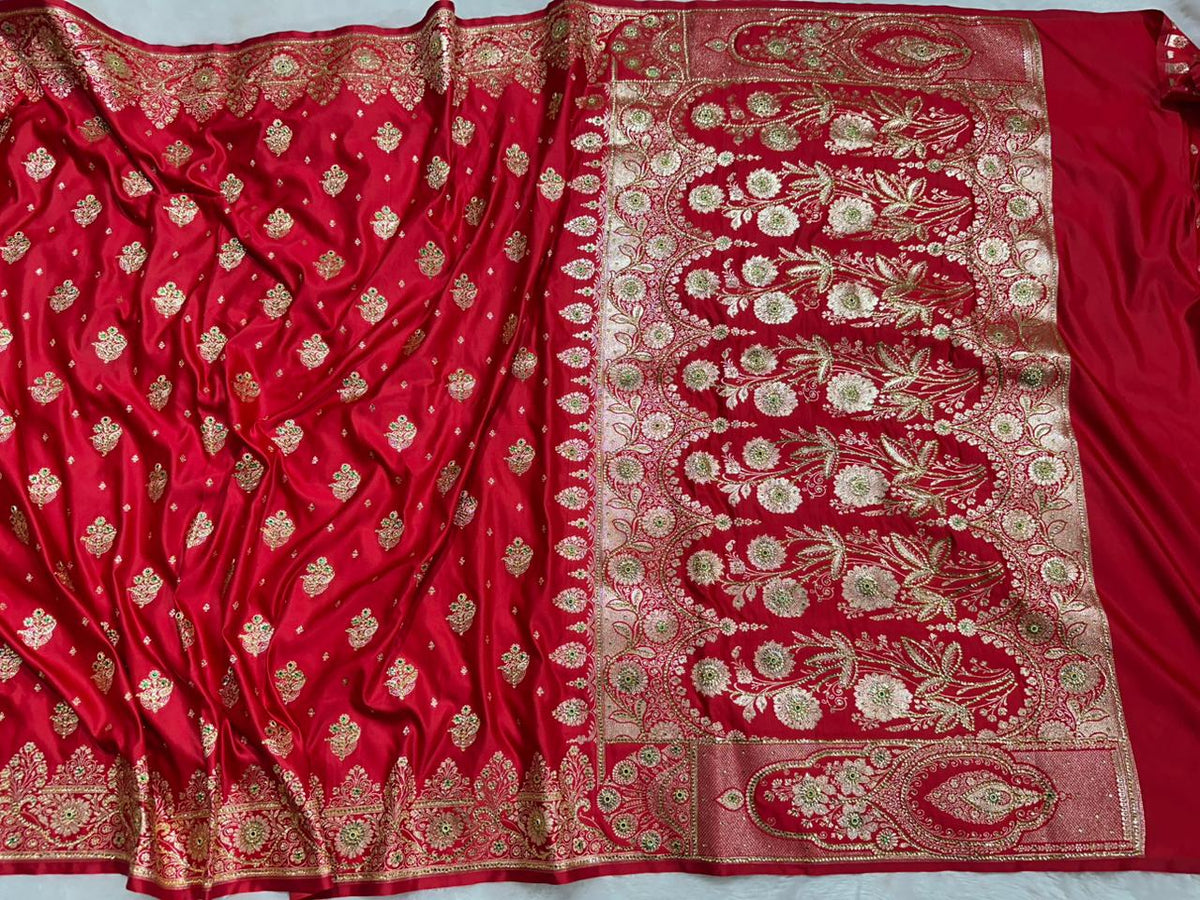 Crimson Red Banarasi Saree with Heavy Zari &amp; Stone Work