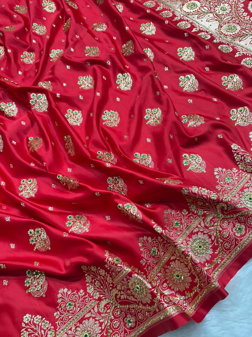 Crimson Red Banarasi Saree with Heavy Zari &amp; Stone Work