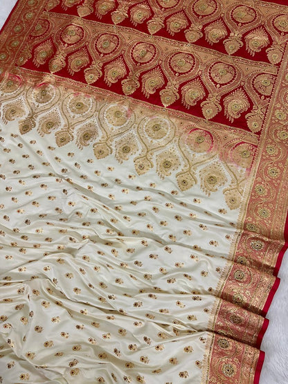 Off-White &amp; Red Banarasi Silk Saree with Heavy Zari &amp; Stone Work