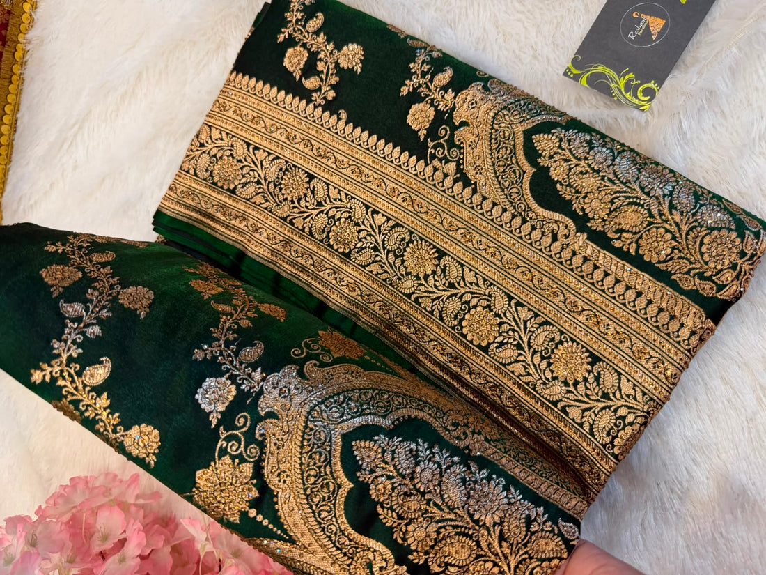 Dark Green Velvet Saree with Heavy Golden Zari &amp; Floral Paisley Work