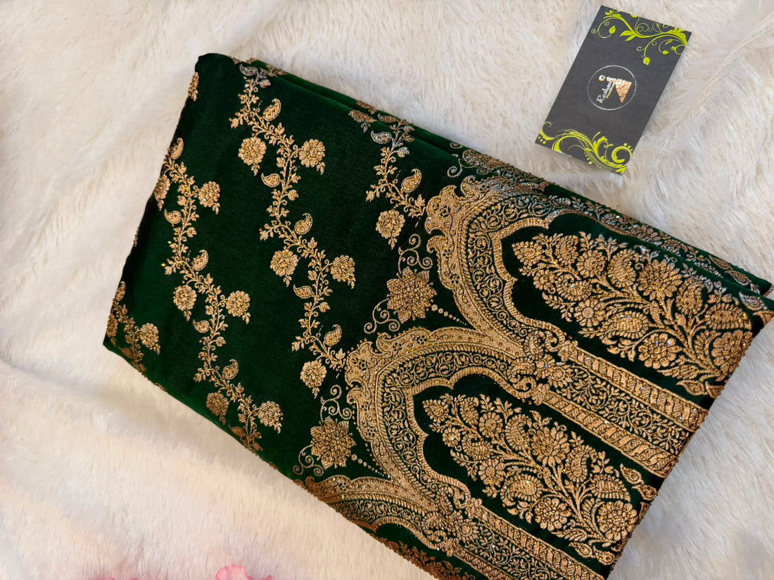 Dark Green Velvet Saree with Heavy Golden Zari &amp; Floral Paisley Work