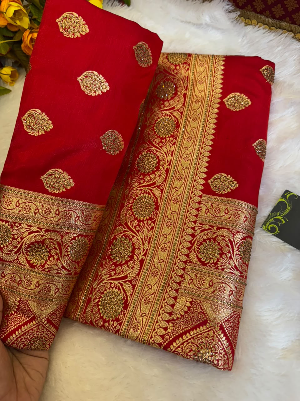 Red Banarasi Saree with Swarovski Work &amp; Heavy Golden Zari