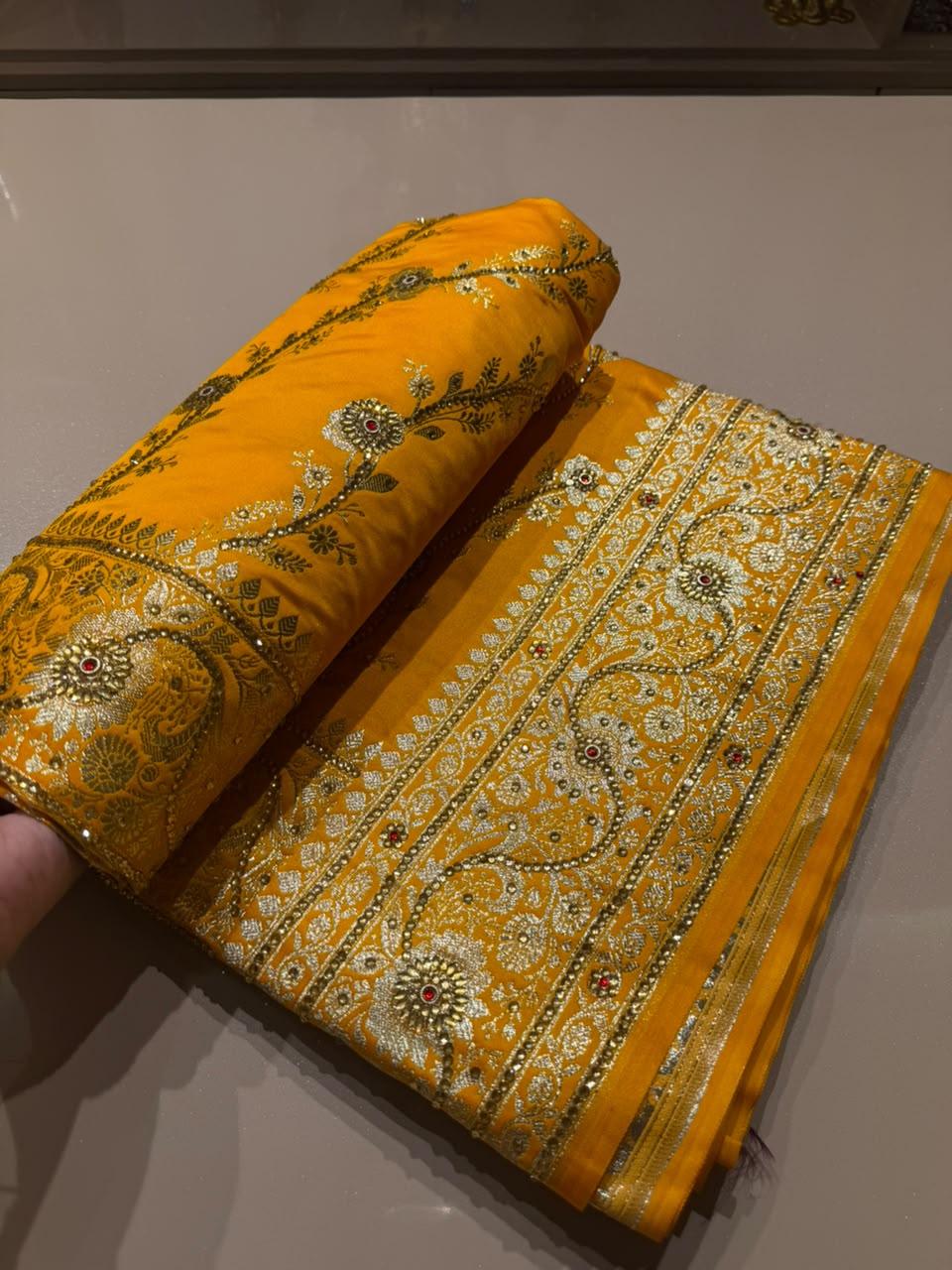 Yellow Bridal Banarasi Saree with Golden Zari &amp; Stone Work