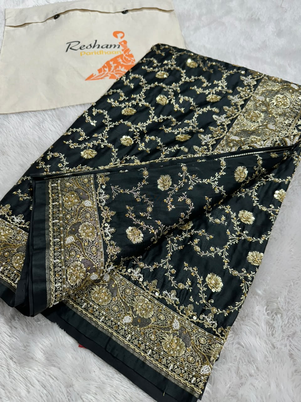 Handwork Banarasi Silk Saree – Black with Zari &amp; Zardozi Embroidery