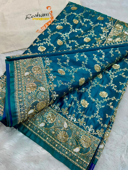 Handwork Banarasi Silk Saree – Teal Blue with Zari &amp; Zardozi Embroidery