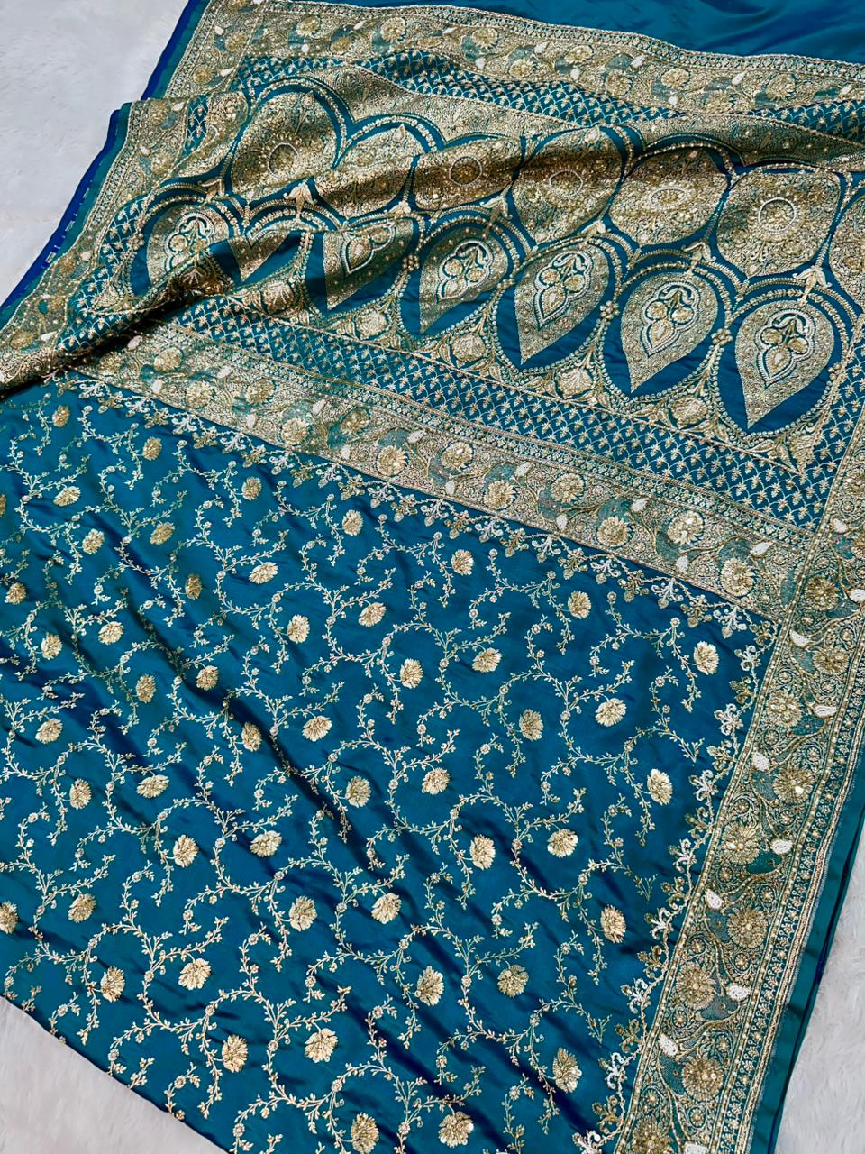 Handwork Banarasi Silk Saree – Teal Blue with Zari &amp; Zardozi Embroidery