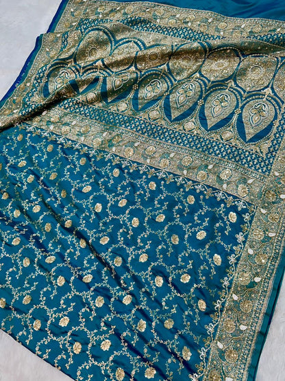 Handwork Banarasi Silk Saree – Teal Blue with Zari &amp; Zardozi Embroidery