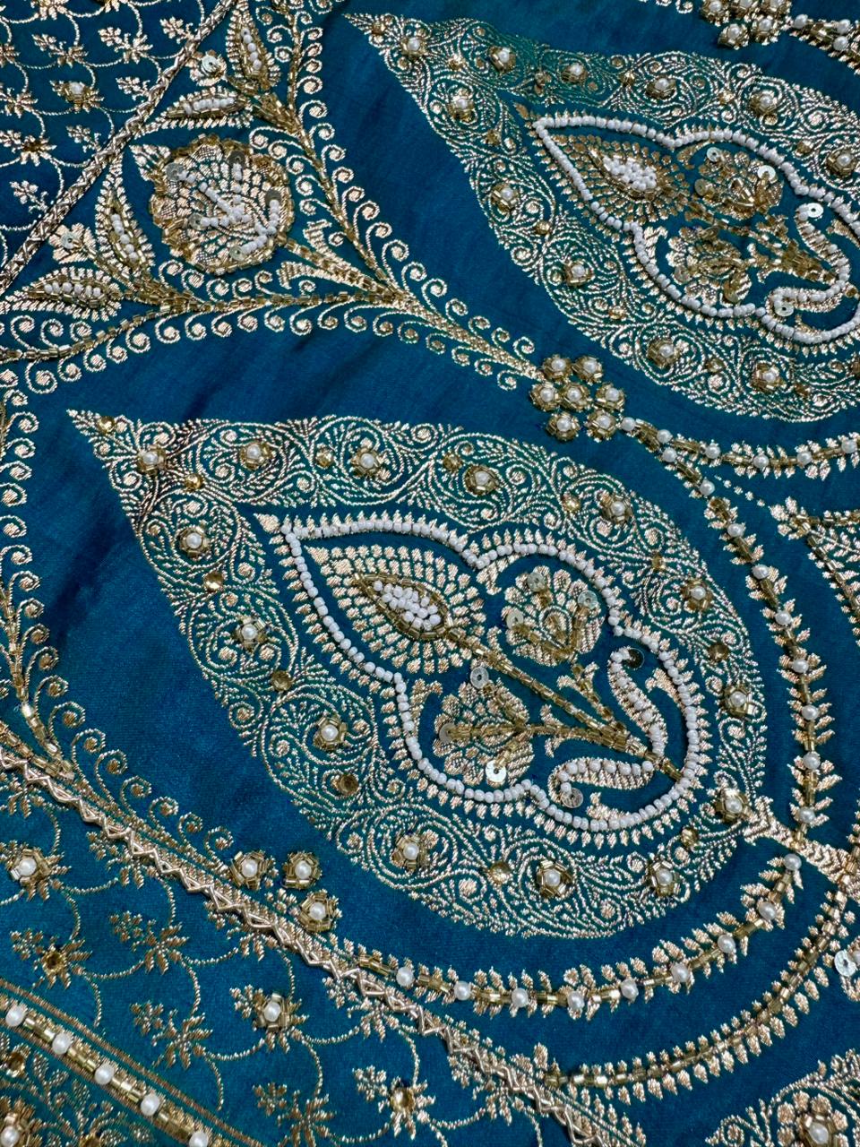 Handwork Banarasi Silk Saree – Teal Blue with Zari &amp; Zardozi Embroidery