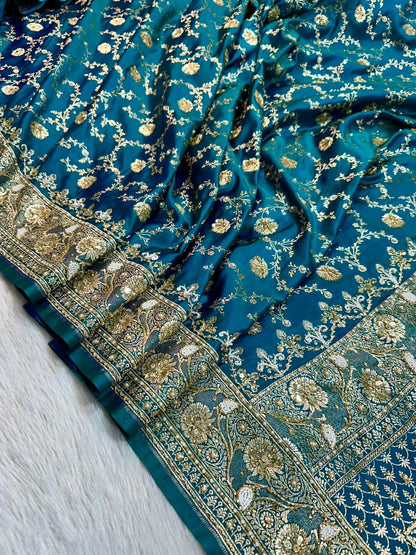 Handwork Banarasi Silk Saree – Teal Blue with Zari &amp; Zardozi Embroidery
