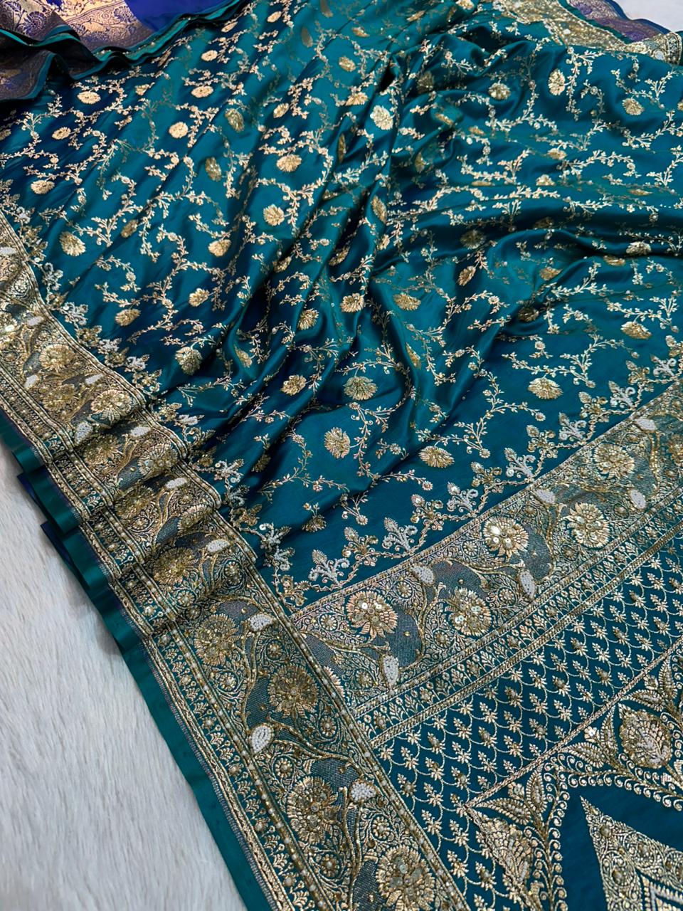 Handwork Banarasi Silk Saree – Teal Blue with Zari &amp; Zardozi Embroidery