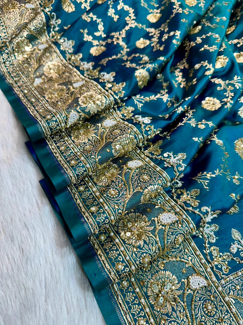 Handwork Banarasi Silk Saree – Teal Blue with Zari &amp; Zardozi Embroidery