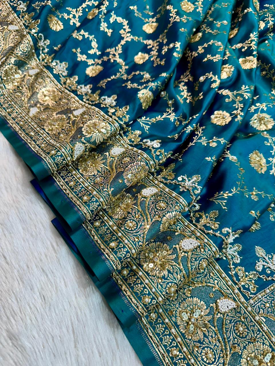 Handwork Banarasi Silk Saree – Teal Blue with Zari &amp; Zardozi Embroidery