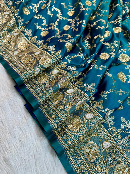 Handwork Banarasi Silk Saree – Teal Blue with Zari &amp; Zardozi Embroidery