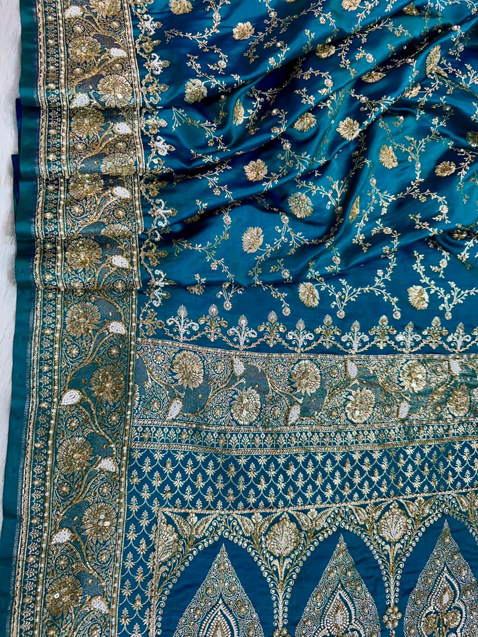 Handwork Banarasi Silk Saree – Teal Blue with Zari &amp; Zardozi Embroidery